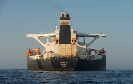 Iranian oil tanker Grace 1 sits anchored after it was seized in July by British Royal Marines off the coast of the British Mediterranean territory, in the Strait of Gibraltar