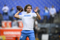 Los Angeles Chargers quarterback Justin Herbert works out prior to an NFL football game against the Baltimore Ravens, Sunday, Oct. 17, 2021, in Baltimore. (AP Photo/Nick Wass)