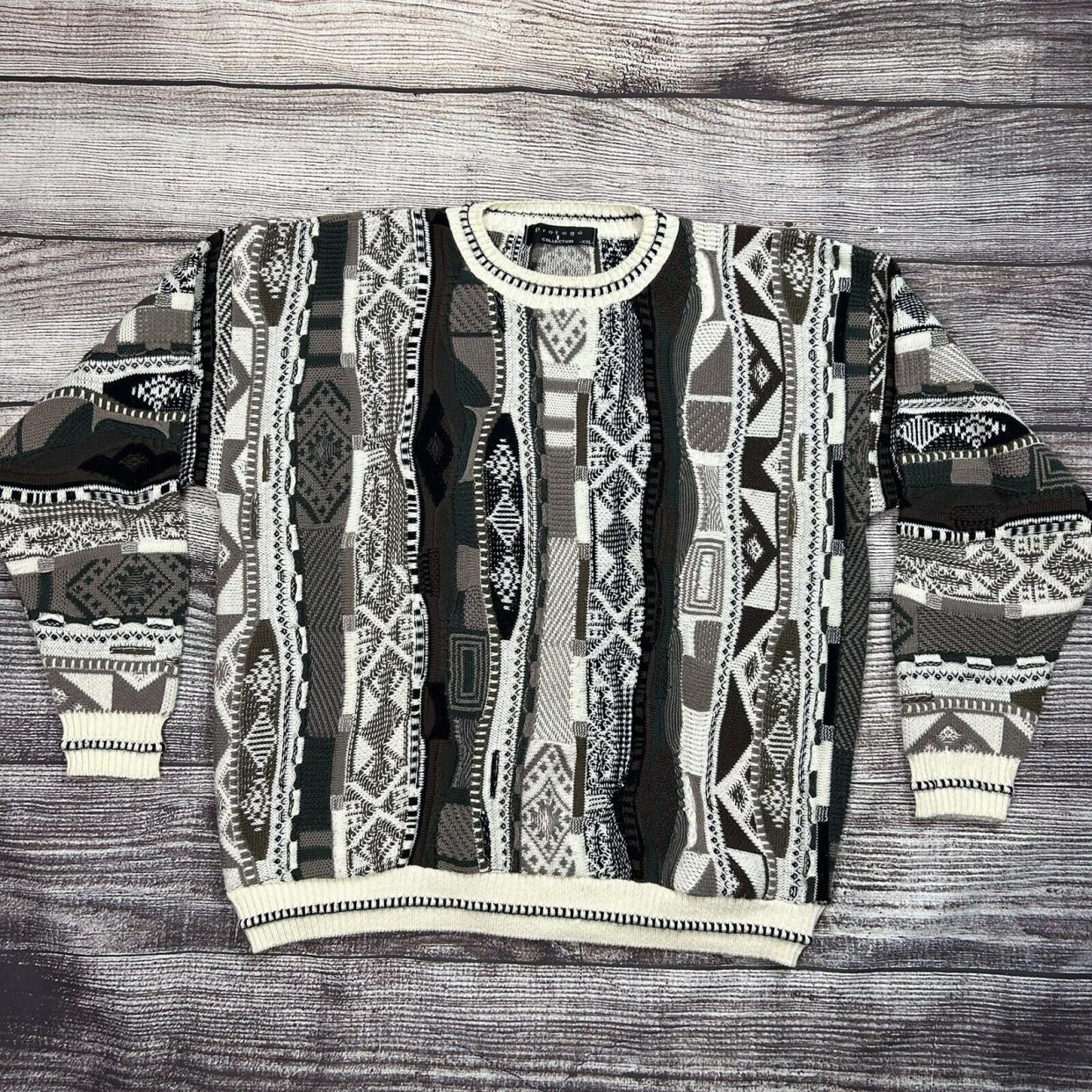 Coogi Vintage Men's Sweater, Grey, Black, and White, on Grey Wooden Boards