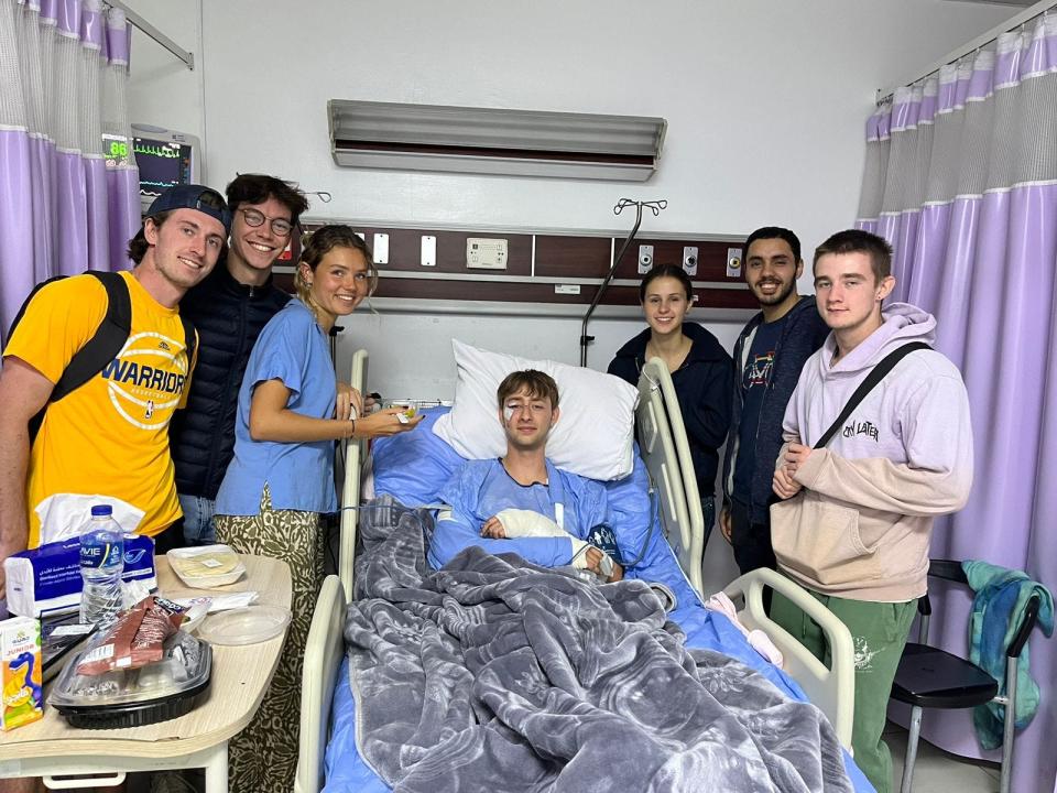 From left, Nate Rindfuss, Paul Paressant, Laure Cocula, Charoline Knox, Andrea Antonangeli and Jamie Derbyshire, with Benjamin Murray center. Also students at the American University of Cairo, they have helped support Murray in a time where he needs it most.