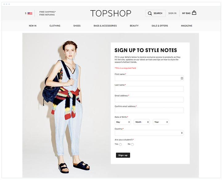 英國品牌 TopShop 的註冊表單