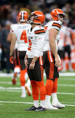 Sep 16, 2018; New Orleans, LA, USA; Cleveland Browns kicker Zane Gonzalez (2) reacts after missing an extra point attempt against the New Orleans Saints in the fourth quarter at Mercedes-Benz Superdome. The Saints won 21-18. Mandatory Credit: Chuck Cook-USA TODAY Sports