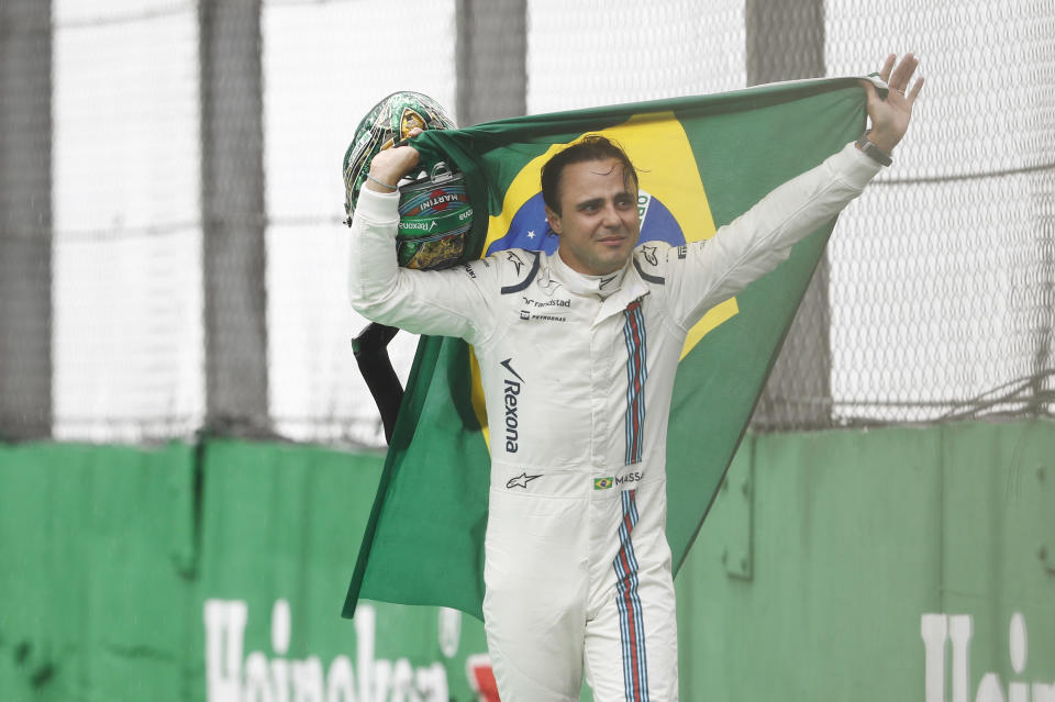 Seeya soon… real soon: Felipe Massa waves to F1 fans on his previous ‘last’ appearance at Interlagos, in 2016