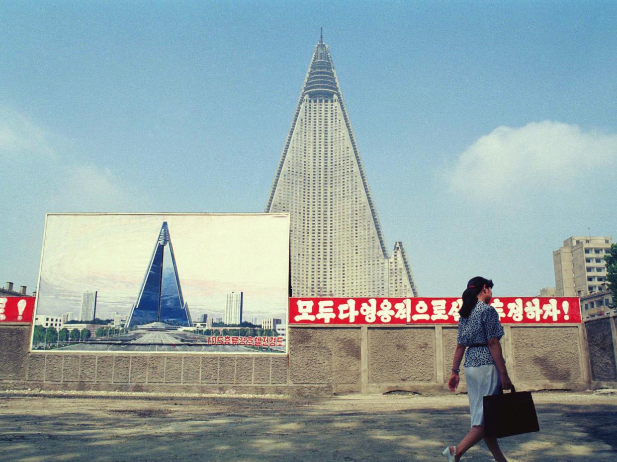 The Ryugyong Hotel in Pyongyang, North Korea, in 1990.