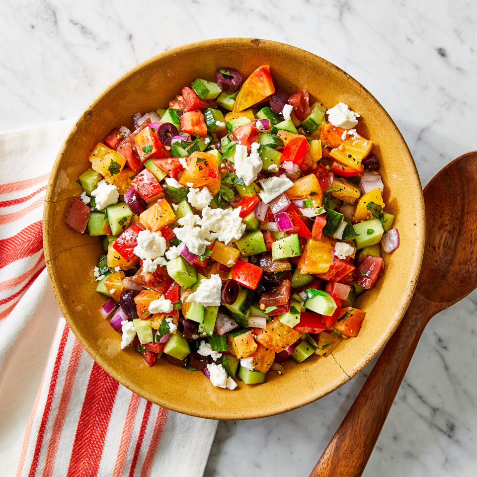 Use-a-Spoon Chopped Salad with Tomatoes, Cucumber, Red Onion & Kalamata Olives