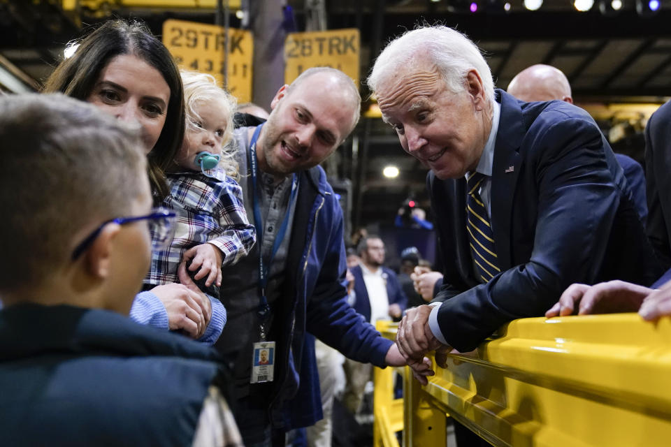 President Joe Biden greets audience members after speaking at the Amtrak Bear Maintenance Facility, Monday, Nov. 6, 2023, in Bear, Del. (AP Photo/Andrew Harnik)
