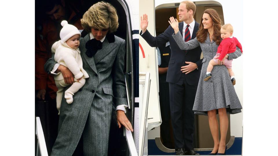 <p>Diana carries a young Prince Harry off a plane at Aberdeen Airport in Scotland in 1985. Kate, William, and Prince George board their flight from Australia on the final day of the royaltTour of Australia and New Zealand, 2014.</p>