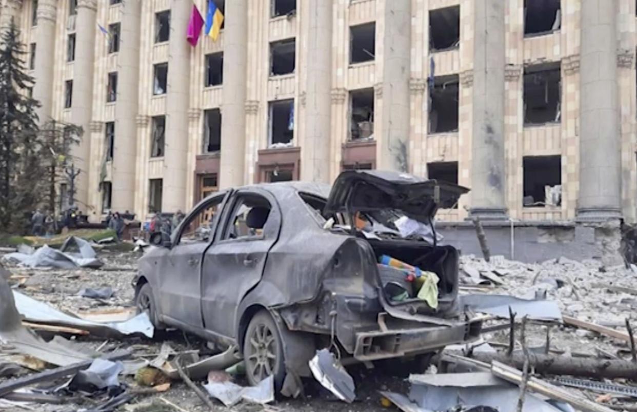 In this frame from a footage released by the State service of special communication and information protection of Ukraine, the regional administration building in the city's central square of Kharkiv, Ukraine, after Russian shelling, Tuesday, March 1, 2022.