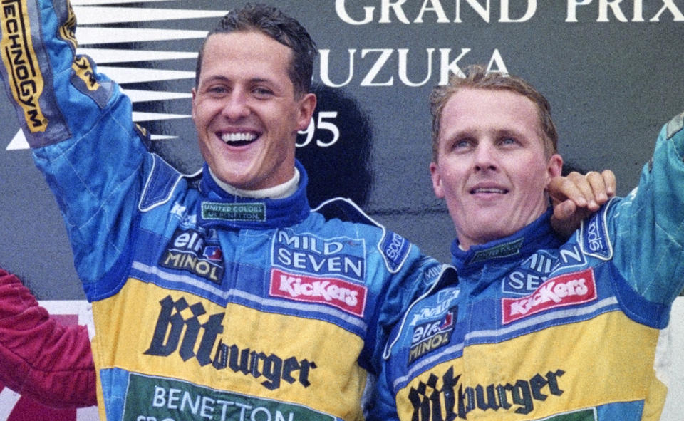 Michael Schumacher and Johnny Herbert, pictured here at the Japanese Grand Prix in 1995.