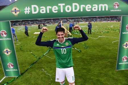 Football Soccer - Northern Ireland v Belarus - International Friendly - Windsor Park, Belfast, Northern Ireland - 27/5/16 Northern Ireland's Kyle Lafferty poses for photos before they leave for Euro 2016 Reuters / Clodagh Kilcoyne