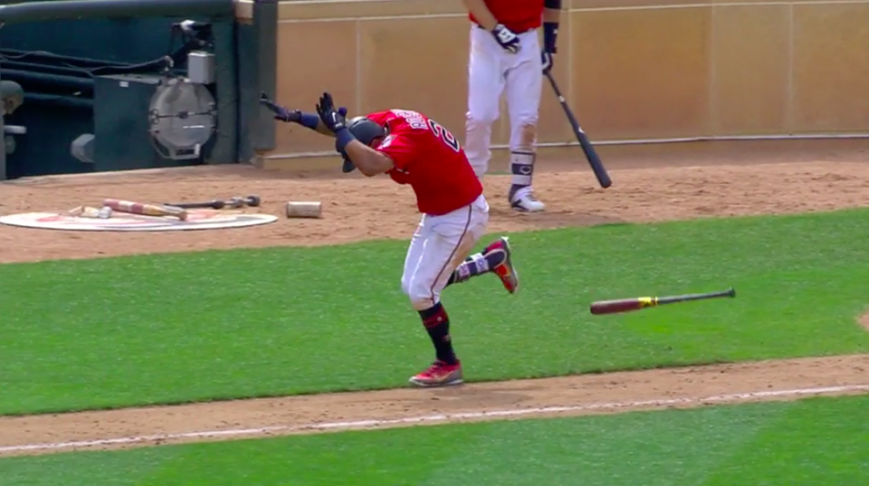 Eddie Rosario almost got hit by his own bat after hitting a big single. (Screenshot via @MLB)