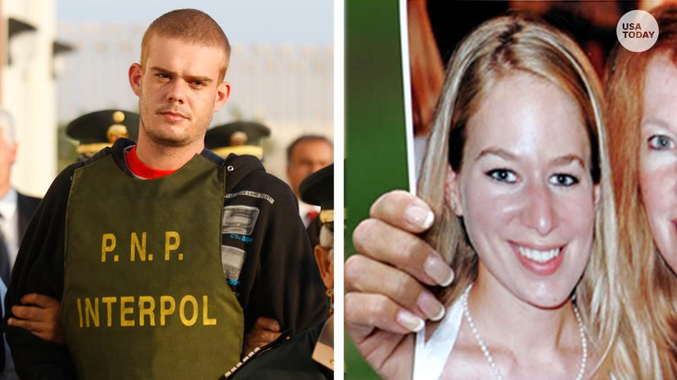 A side-by-side mock up showing a June 4, 2010 file photo of Dutch citizen Joran van der Sloot is escorted by police officers outside a Peruvian police station, near the border with Chile in Tacna, Peru. The second photo is of Natalee Holloway, an American woman van der Sloot is suspected of murdering in Aruba in 2005.