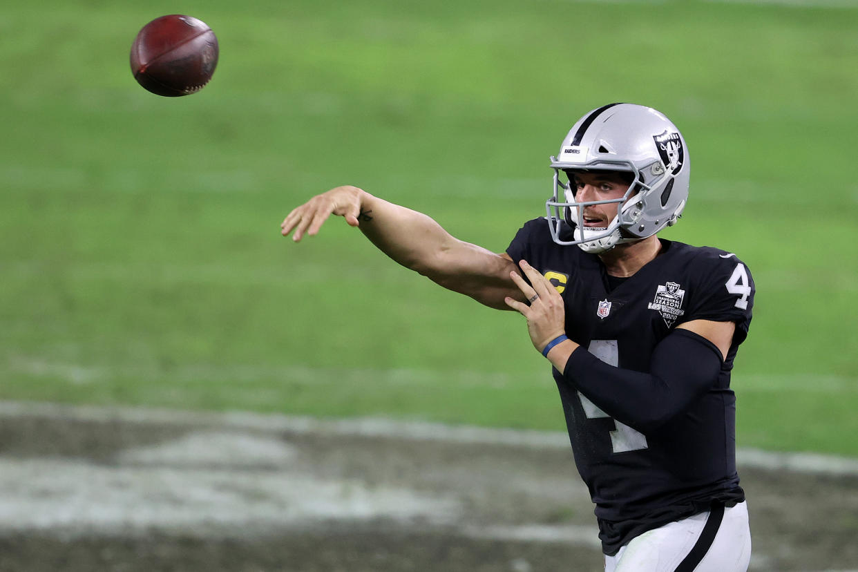 Las Vegas Raiders quarterback Derek Carr releases the ball.