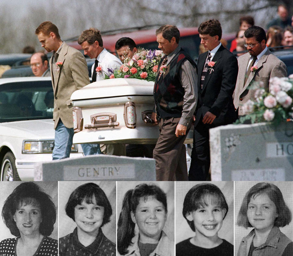 Top, pall bearers carry the casket of Westside Middle School student Paige Ann Herring. Bottom, left to right, the teacher and four children who died in the Jonesboro school shooting: Shannon Wright, Brittany Varner, Paige Ann Herring, Natalie Brooks and Stephanie Johnson