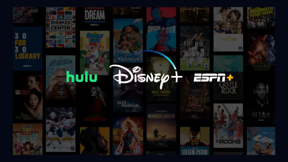 A screenshot showing the logos for Hulu, Disney Plus, and ESPN Plus on a black background