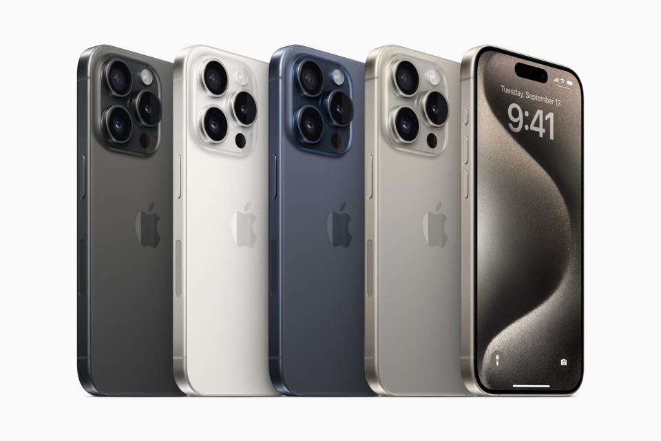 The iPhone 15 Pro and Pro Max phones come in a metallic black, white, blue and silver colors.