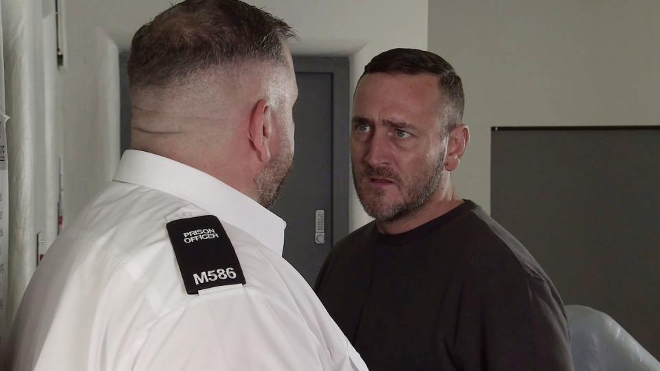 harvey gaskell with a prison guard in coronation street