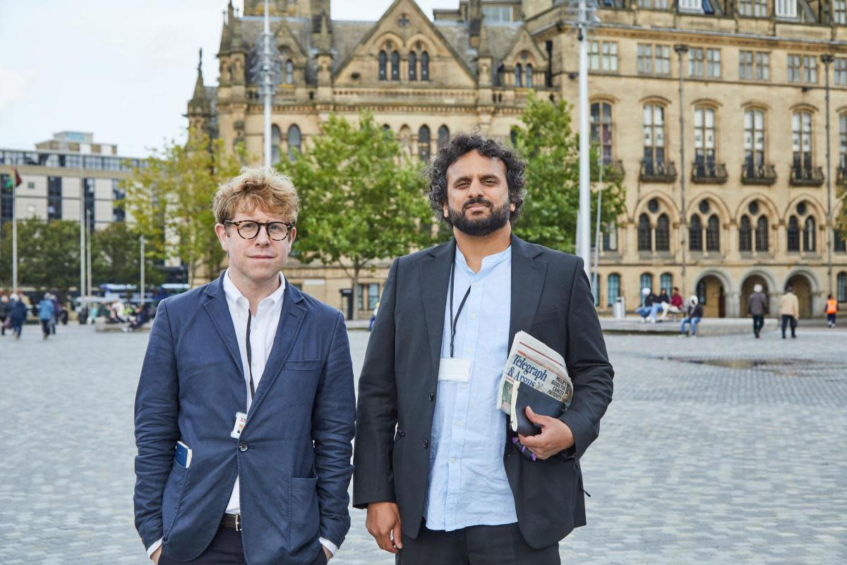 Comedians Josh Widdicombe and Nish Kumar in Bradford's Mirror Pool <i>(Image: CPL Productions/Sky UK)</i>