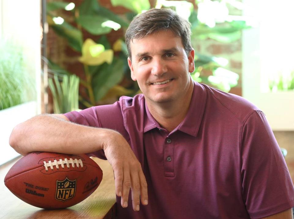 Former Carolina Panthers quarterback Jake Delhomme os seem on Thursday, September 1, 2022. Delhomme will be the lead radio analyst for the team during the 2022 season. As a player, Delhomme led the Panthers to the 2003 Super Bowl.