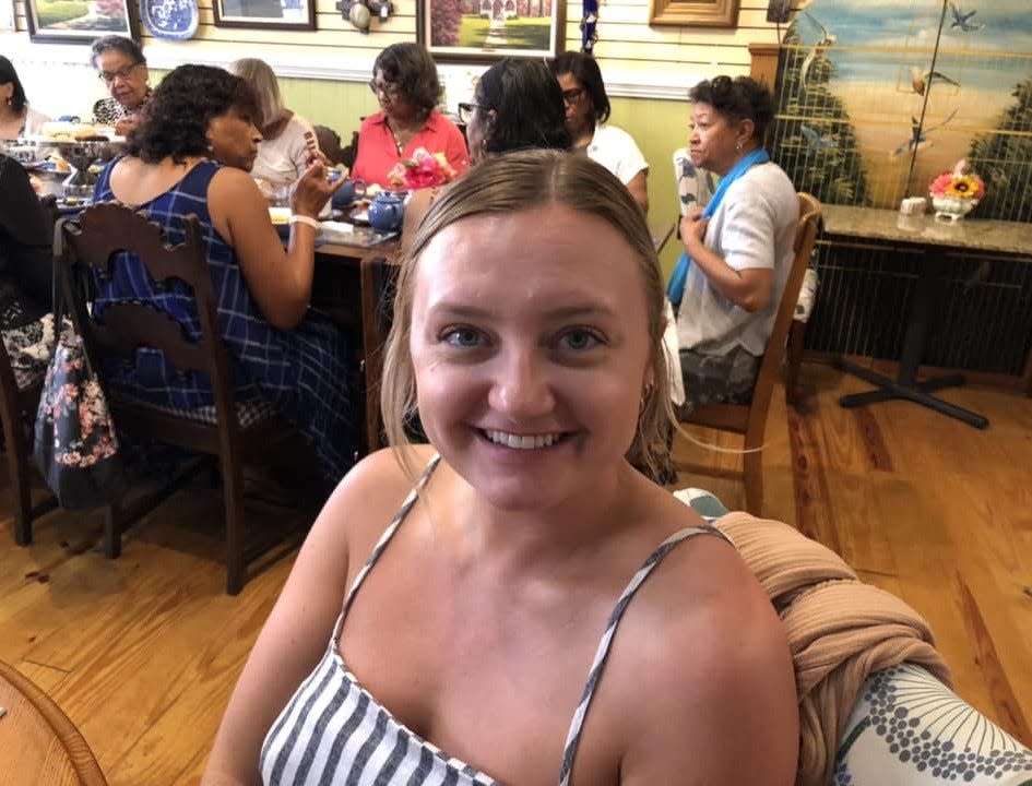 Hannah Davis of Chester strikes a pose in the Blue Willow Tea Room in Petersburg on Friday, Sept. 1.