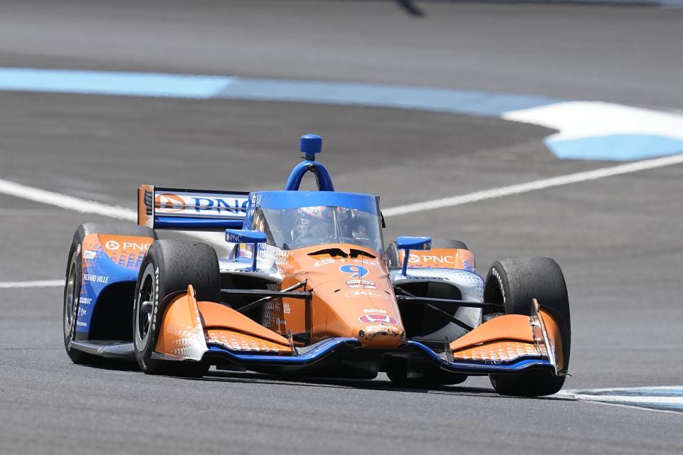 Scott Dixon, of New Zealand, drives during the IndyCar Indianapolis GP auto race at Indianapolis Motor Speedway, Saturday, Aug. 12, 2023, in Indianapolis. (AP Photo/Darron Cummings)