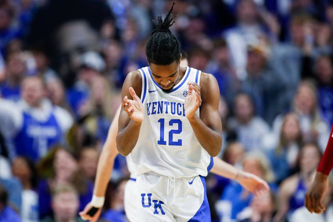 Kentucky’s Antonio Reeves (12) reacts to a turnover against South Carolina during Tuesday night’s defeat in Rupp Arena. The loss ended a 28-game UK home winning streak.