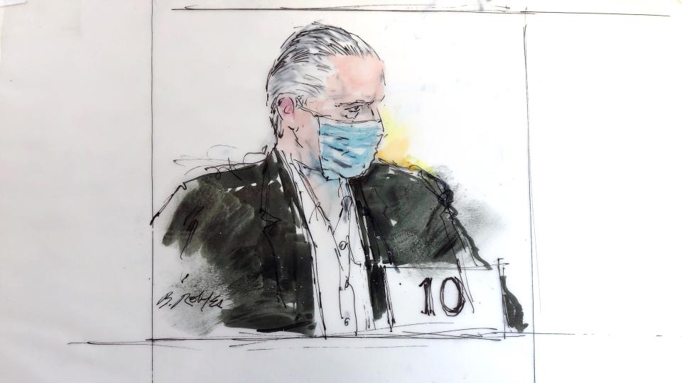 FILE - In this Oct. 16, 2020, court artist sketch, former Mexican defense secretary Gen. Salvador Cienfuegos Zepeda's appears in federal court in Los Angeles. The U.S. Justice Department is dropping its drug trafficking and money laundering against former Mexican defense secretary Gen. Salvador Cienfuegos, Attorney General William Barr said Tuesday, Nov. 17, 2020. (Bill Robles via AP, File)