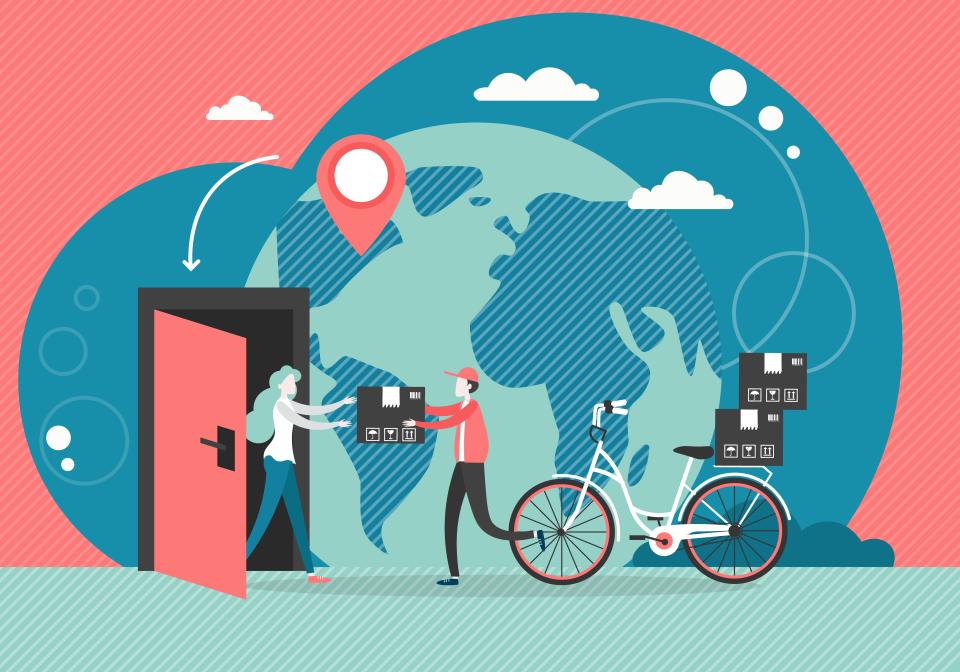 Young man courier delivering parcel to woman door by bicycle, vector flat style design illustration. Bike messenger, home delivery service concept for poster, banner etc.