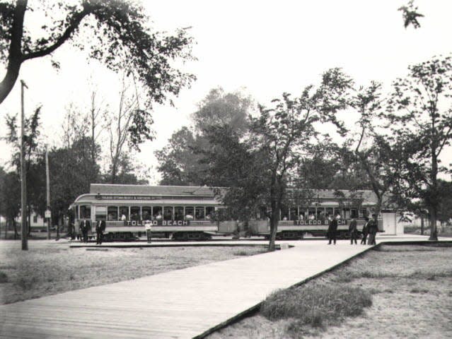 The Toledo, Ottawa Beach and Northern Railway Interurban line is shown near its Toledo Beach stop, circa 1900.  According to an October 2020 Monroe News article by Monroe County Historian David Eby, the interurban brought riders from Toledo through Lakeside, Lakewood, Allen’s Cove and the Luna Pier to LaSalle and Toledo Beach.