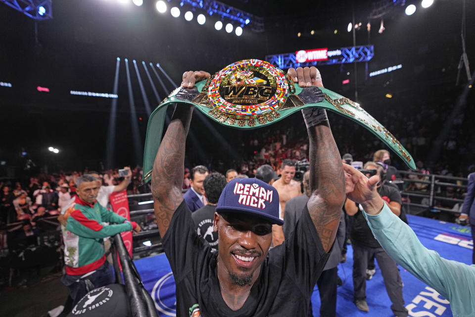 Jermall Charlo celebrates after beating Juan Macias Montiel in a WBC middleweight world championship boxing match Saturday, June 19, 2021, in Houston. (AP Photo/David J. Phillip)