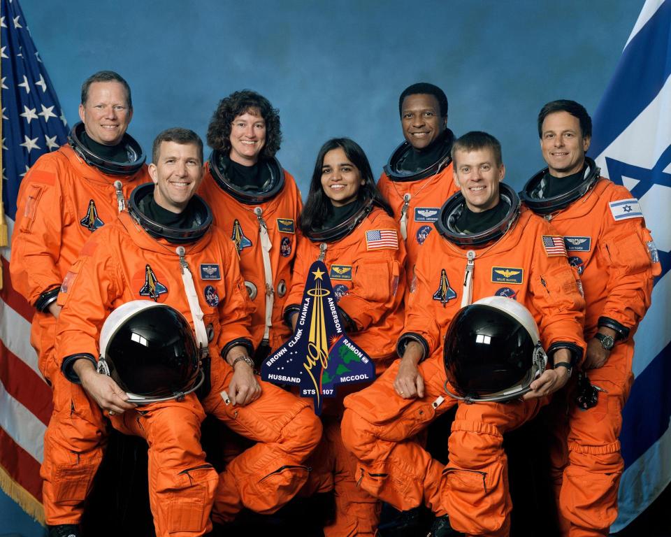 The final crew of Columbia: in front are astronauts Rick Husband, mission commander, and William McCool, pilot. Standing are (from left) astronauts David Brown, Laurel Clark, Kalpana Chawla and Michael Anderson, all mission specialists; and Ilan Ramon, payload specialist representing the Israeli Space Agency.