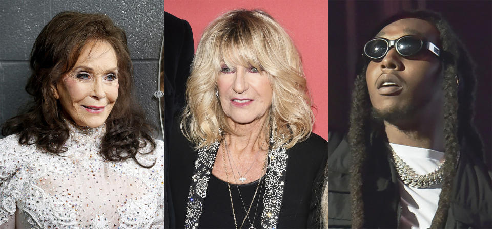 En esta combinación de fotografías, Loretta Lynn, de izquierda a derecha, Christine McVie y el rapero Takeoff de Migos, quienes serán honrados durante un segmento in memoriam en los Grammy del domingo. (Foto AP)