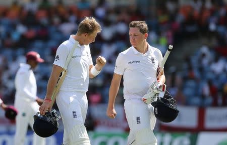 Cricket - West Indies v England - Second Test - National Cricket Ground, Grenada - 23/4/15 England's Gary Ballance and Joe Root walk off unbeaten at tea Action Images via Reuters / Jason O'Brien Livepic