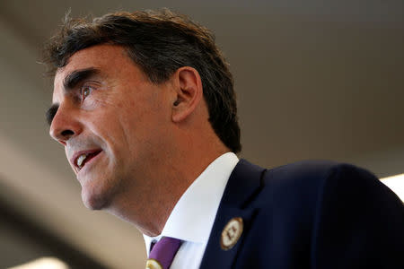 Venture capitalist and CAL 3 Chairman Tim Draper speaks during a press conference after announcing he has collected more than 600,000 signatures to put the plan to partition California into three states into the November ballot in San Mateo, California, April 12, 2018. REUTERS/ Stephen Lam