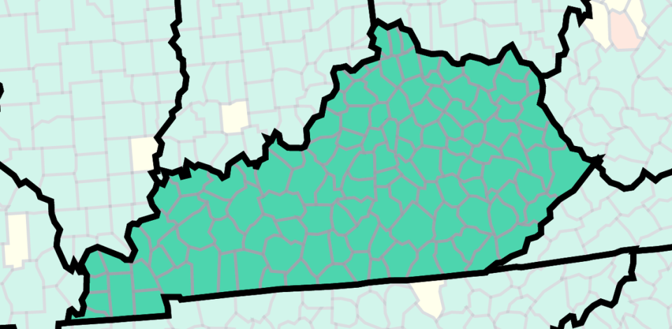 This map of Kentucky from the U.S. Centers for Disease Control and Prevention shows COVID-19 community levels by county as of April 3, 2023.