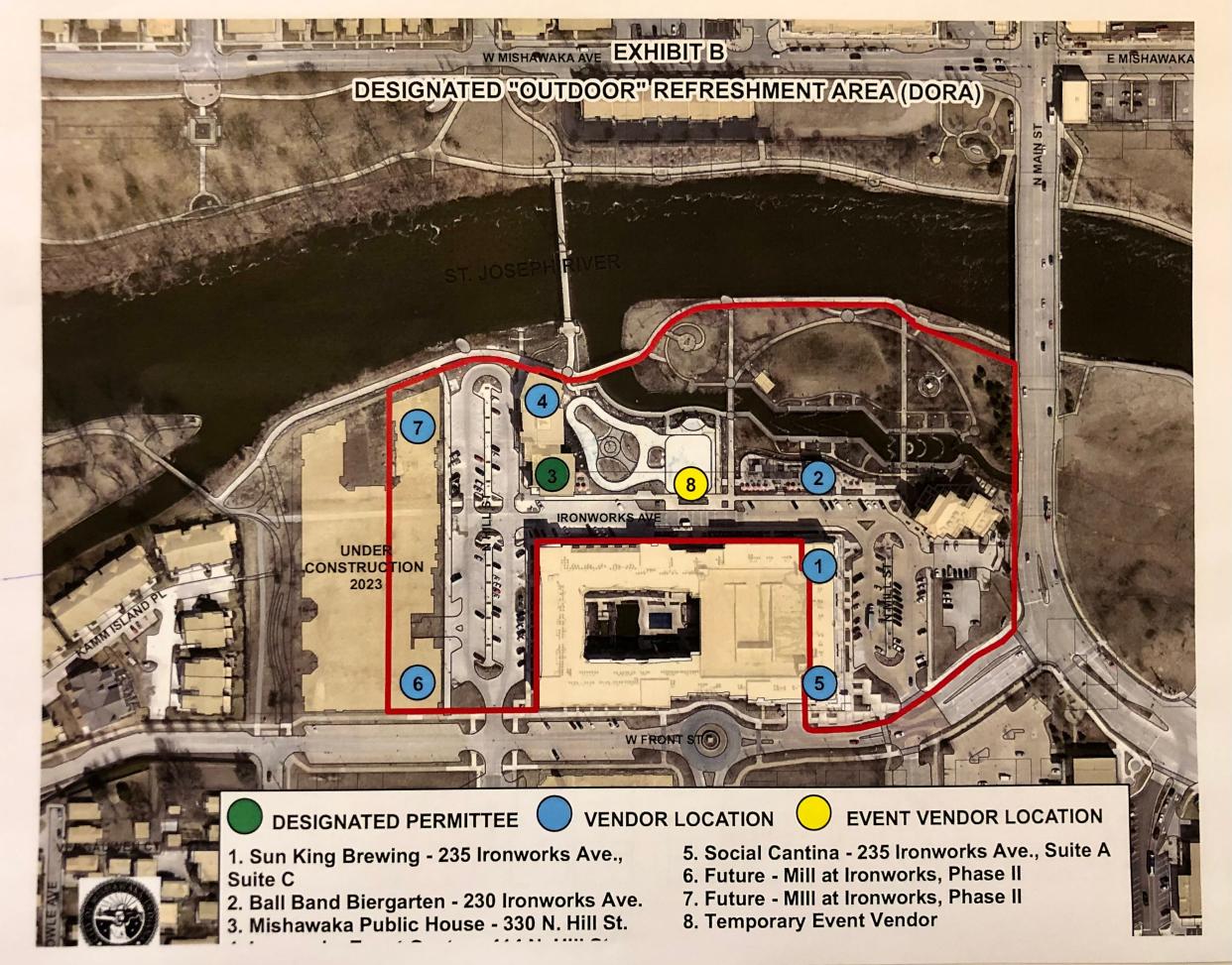 This provided map shows the revised area the city of Mishawaka is seeking for a new Designated Outdoor Refreshment Area (DORA) for the Ironworks Plaza and Beutter Park areas. A proposed ordinance is being introduced to the Common Council for consideration.