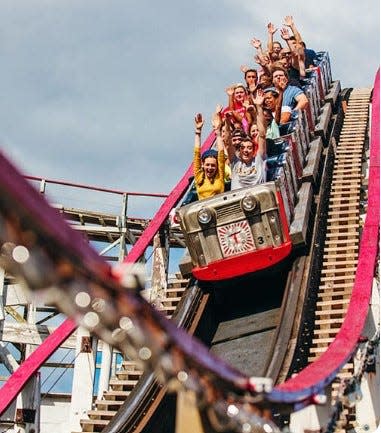 The Thunderbolt wooden coaster at Kennywood amusement park in West Mifflin, Pennsylvania, near Pittsburgh.
