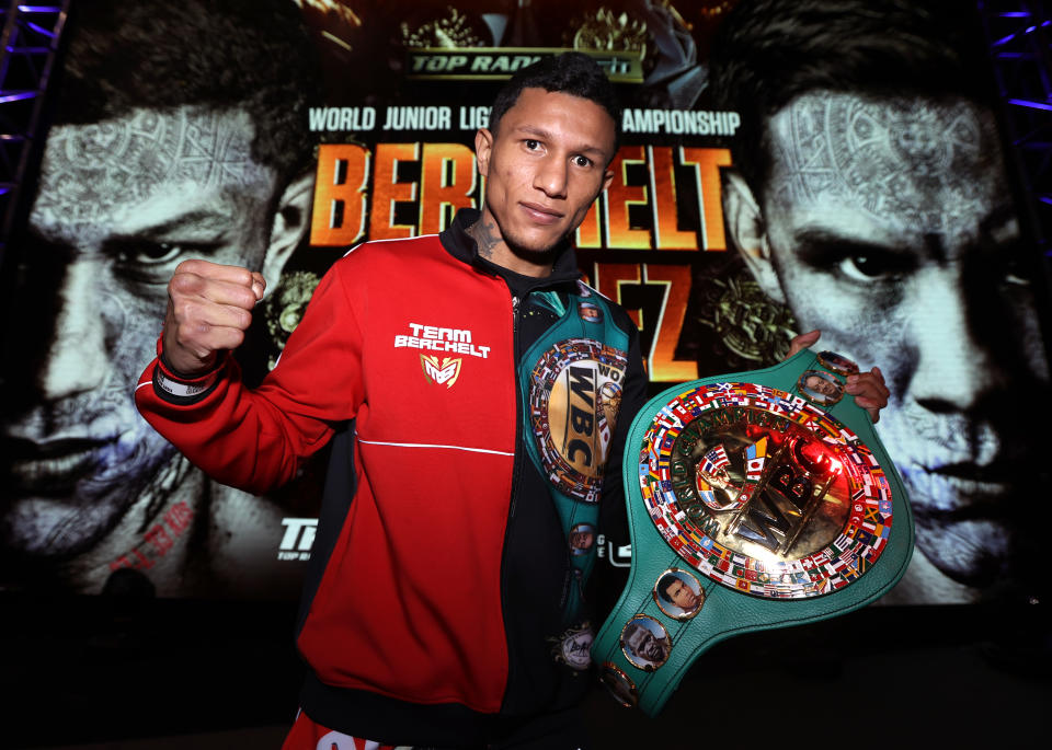 LAS VEGAS, NV - FEBRUARY 18: Miguel Berchelt poses during the press conference for the WBC super featherweight title at the MGM Grand Conference Center on February 18, 2021 in Las Vegas, Nevada. (Photo by Mikey Williams/Top Rank Inc via Getty Images)