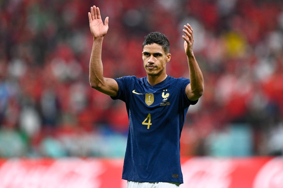 AL KHOR, QATAR - DECEMBER 14: Raphael Varane of France reacts after the Semi Final - FIFA World Cup Qatar 2022 match between France and Morocco at the Al Bayt Stadium on December 14, 2022 in Al Khor, Qatar (Photo by Pablo Morano/BSR Agency/Getty Images)