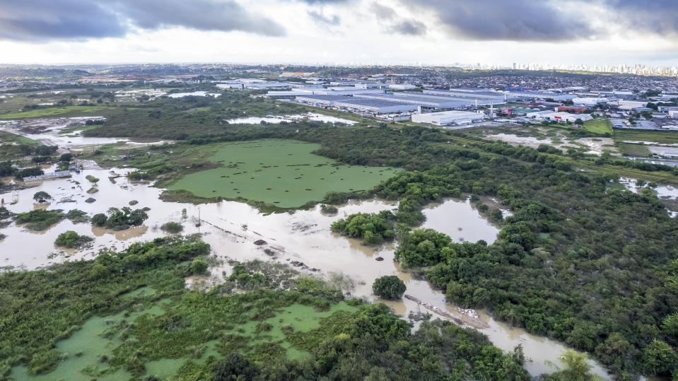 An aerial view of flooded area in Jaboatao dos Guararapes, in Recife, Pernambuco State, Brazil, on May 30, 2022.  / Credit: Diogo Duarte/Anadolu Agency via Getty Images