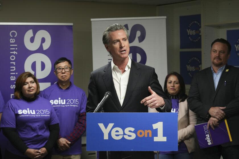 California Gov. Gavin Newsom speaks at a Proposition 1 campaign event at the Service Employees International Union office in San Francisco, Monday, March 4, 2024. Californians are set to vote Tuesday on a statewide ballot measure that is touted by Newsom as a major step to tackle homelessness and would be the first major update to the state's mental health system in 20 years. (AP Photo/Terry Chea)