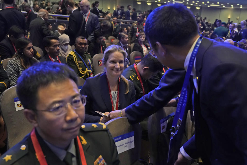 Cynthia Xanthi Carras, the U.S. Defense Department's principal official for issues related to China, center, attends the 10th Beijing Xiangshan Forum in Beijing, Monday, Oct. 30, 2023. China suspended military communication with the U.S. in August 2022 to show its displeasure over a visit by former U.S. House Speaker Nancy Pelosi to self-ruled Taiwan, which Beijing considers part of its territory. (AP Photo/Ng Han Guan)