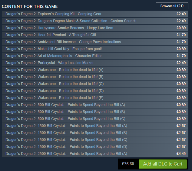 An image of Dragon's Dogma 2 DLCs, located on the game's Steam page.