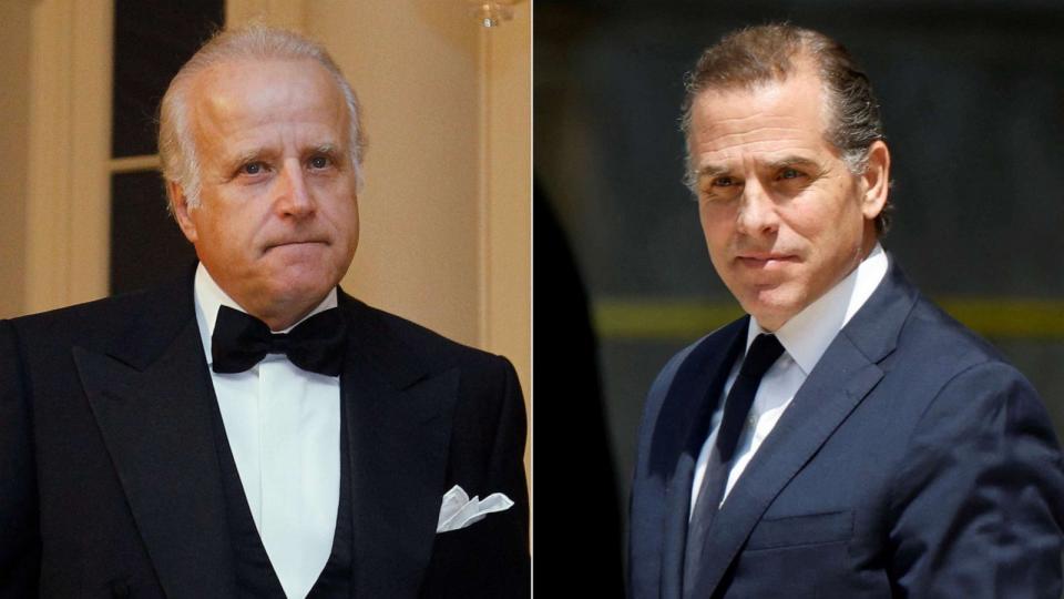 PHOTO: File photo of James Biden arriving at the White House to attend the State Dinner for South Korea, Oct. 13, 2011, in Washington; and Hunter Biden departing federal court in Wilmington, Del., July 26, 2023. (Haraz N. Ghanbari/AP Photo and Jonathan Ernst/Reuters, FILE)