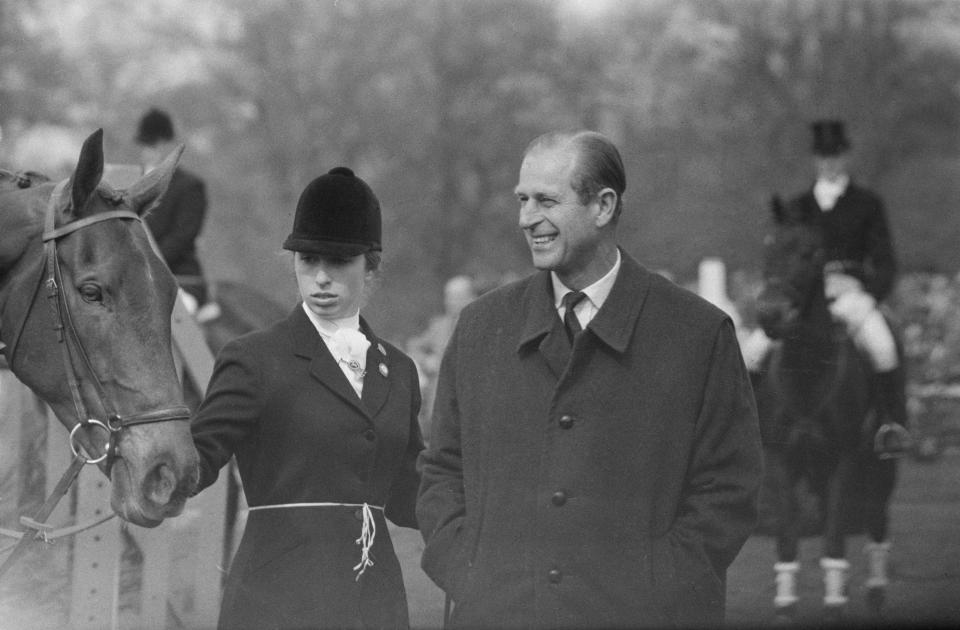 Princess Anne pictured at the Badminton Horse Trials, on 26 April 1971 with her father.Getty Images