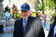 <p>Honorary Grand Marshall Buzz Aldrin shows off his tie during a ceremony before the Veterans Day parade on Fifth Avenue in New York on Nov. 11, 2017. (Photo: Gordon Donovan/Yahoo News) </p>
