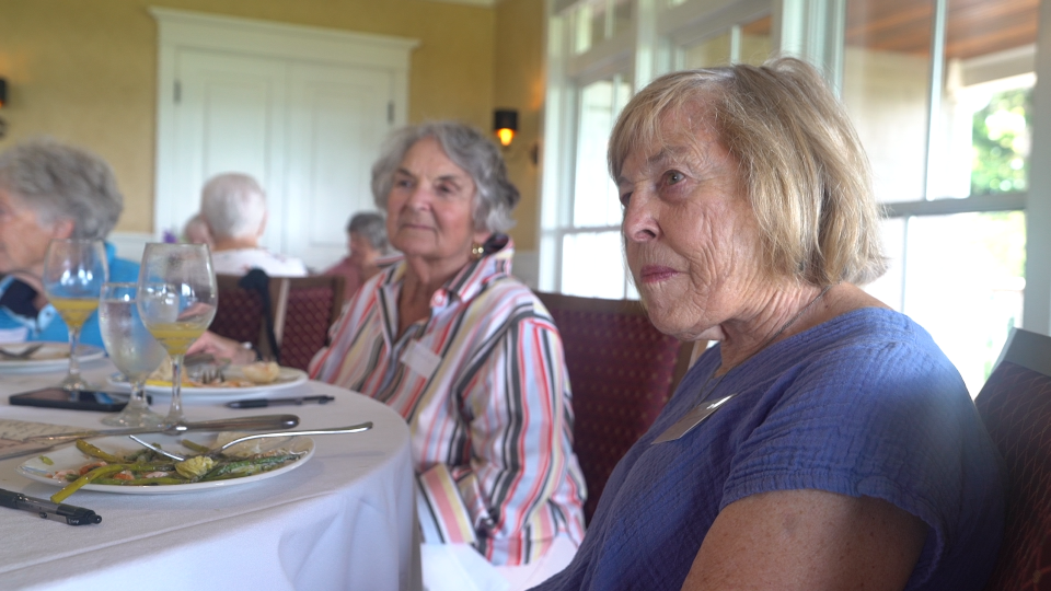 Diana Carlisle (right) and Rhoda Rosenberg Beningson (left) at Burlington High School's 70th reunion on August 1, 2023.