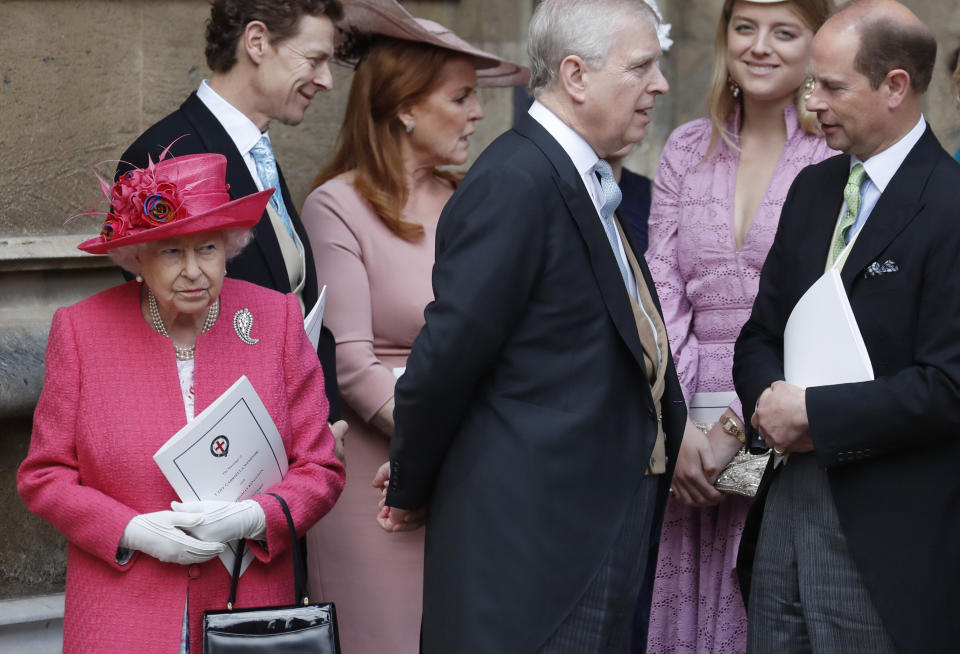 Queen Elizabeth II leaves after the wedding of Lady Gabriella Windsor and Thomas Kingston at St George's Chapel in Windsor Castle.