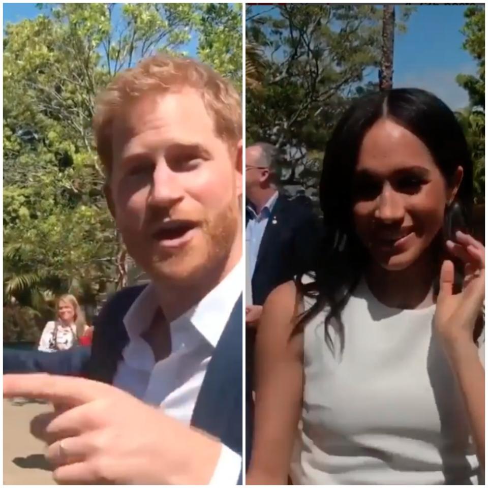 Prince Harry was caught on camera having a cheeky moment with a royal fan about a bouquet of flowers they brought for Meghan Markle. Photo: Instagram/fitzyandwippa