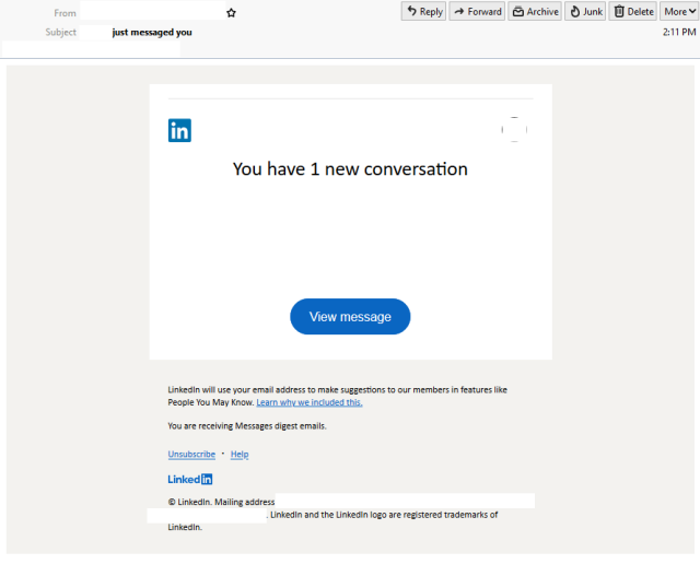 New message' email supposedly sent via LinkedIn leads to a phishing page